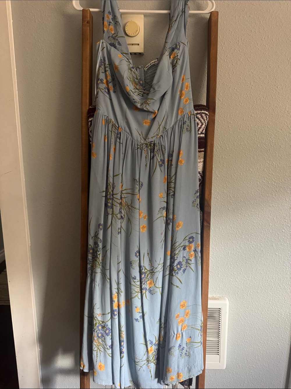 Blue Floral Maxi Dress with Yellow Accents